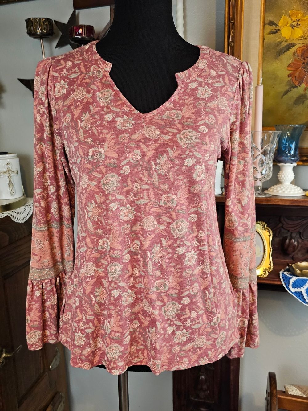 Lucky Brand Floral Peasant Top Bell Sleeve Notch Neck Boho Small